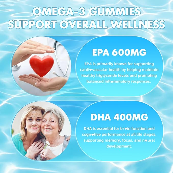 softbear Omega 3 Gummies for Women & Men & Kids Omega 3 Supplements 1200mg Vegan Omega 3 Fatty Acids DHA EPA with Vitamins Support Eye & Brain Health, Sugar Free, Strawberry Flavor 120 Count