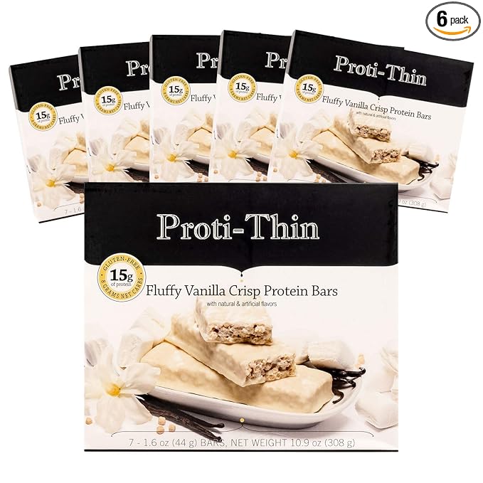 Proti-Thin Fluffy Vanilla Crisp Protein Bars, 15g Protein, Low Calorie, Very Low Carb (VLC), Low Fat, High Fiber Snack, KETO Diet Friendly, Ideal Protein Compatible, Gluten Free (6 Boxes - Save 10%)