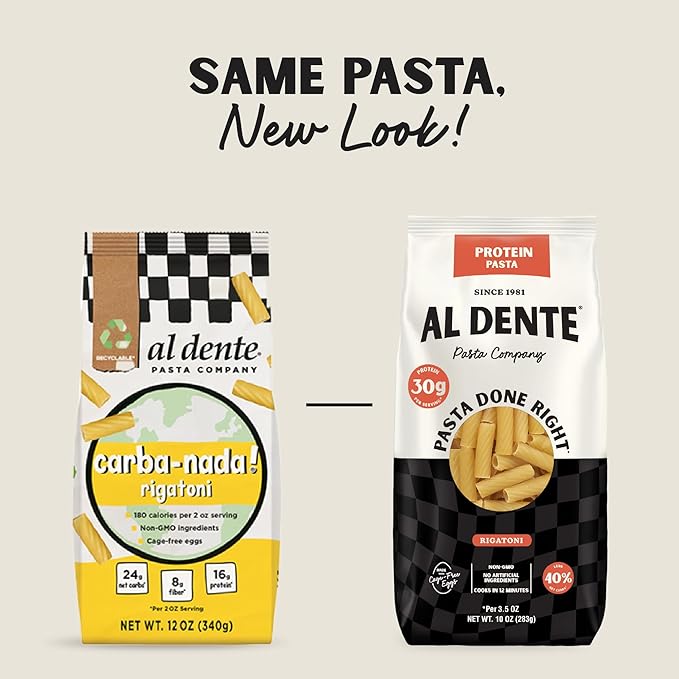 Al Dente Protein Pasta Rigatoni – 30g High Protein in 3.5oz Serving, Lower Carb, High Fiber. Cage-Free Eggs & Semolina. (Previously Carba-Nada, Packaging May Vary) - 10oz Bags (Pack of 4)