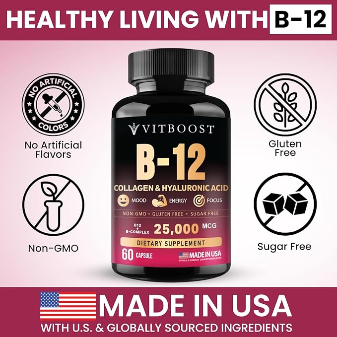 B12 with Hyaluronic Acid, Collagen and Folate – 25000 mcg B12 Complex | Maximize Absorption & Energy | Gluten Free USA Made, B1, B2, B3, B6, B7, B12 vitamins 5000 mcg Methylcobalamin - 60 Capsules