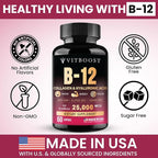 B12 with Hyaluronic Acid, Collagen and Folate – 25000 mcg B12 Complex | Maximize Absorption & Energy | Gluten Free USA Made, B1, B2, B3, B6, B7, B12 vitamins 5000 mcg Methylcobalamin - 60 Capsules