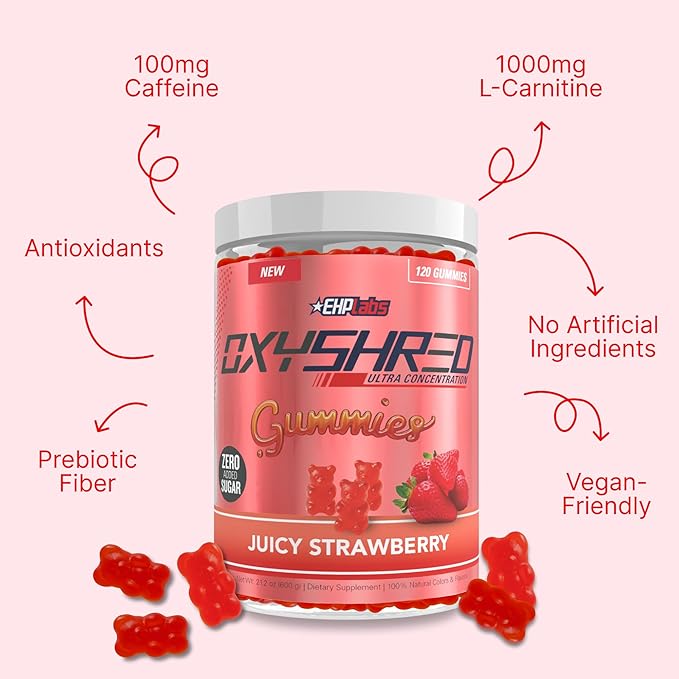 EHP Labs OxyShred Gummies - Pre Workout Gummies & Energy Chews with 100mg Caffeine, L-Carnitine for Thermo & Metabolic Support, All Natural Energy Boost - Strawberry Flavor – 60 Servings