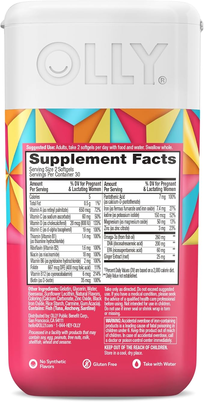 OLLY Ultra Strength Prenatal Multivitamin Softgels,Supports Healthy Growth,Brain Development,Iron,Folic Acid,DHA,Vitamins C,E,30 Day Supply-,60 Count (Pack of 2)