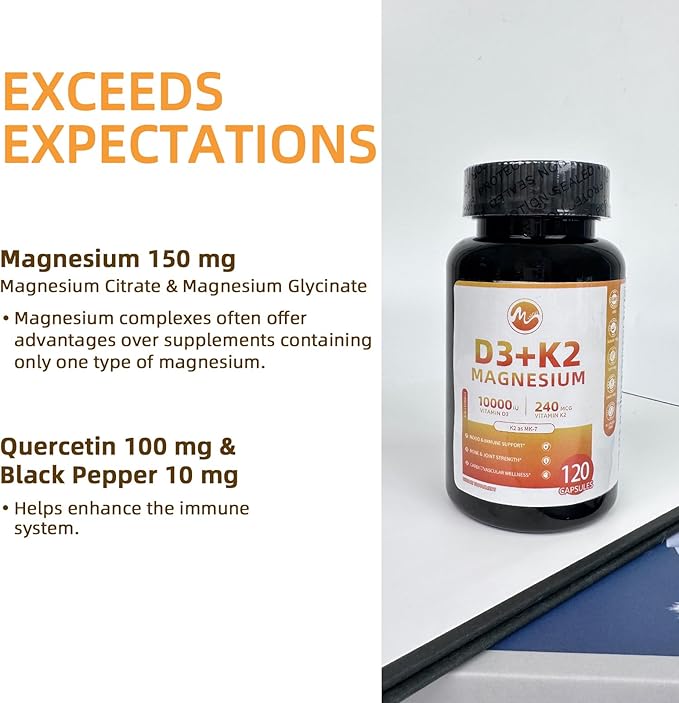 M inch Vitamin D3 K2 with Magnesium, Vitamin D3 10000 IU, Vitamin K2 MK-7 240 mcg, 6-in-1 K2 D3 Vitamin Supplement with Quercetin for Bone, Immune & Moo*d Support, Highly Bioavailable, 2 Packs