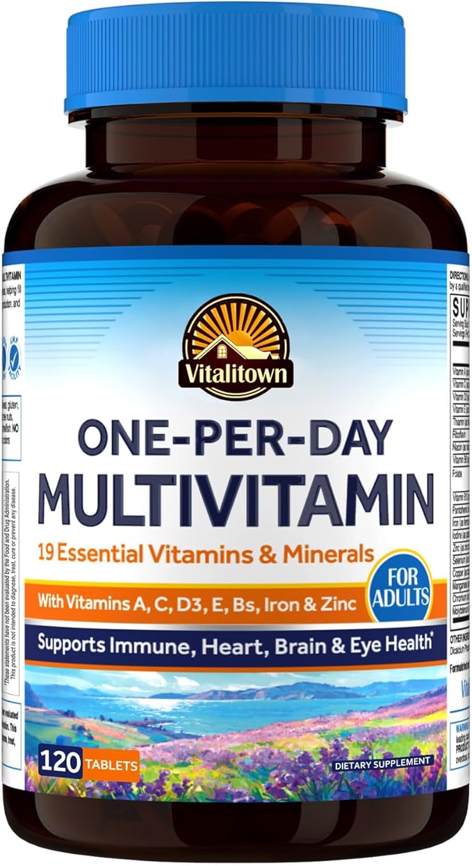 Vitalitown Multivitamin for Women & Men, with Iron, Zinc, Vitamin D3, A, C, B, E, 19 Key Nutrients, One Per Day, for Energy, Immune, Brain, Heart Support, 120 Tablets
