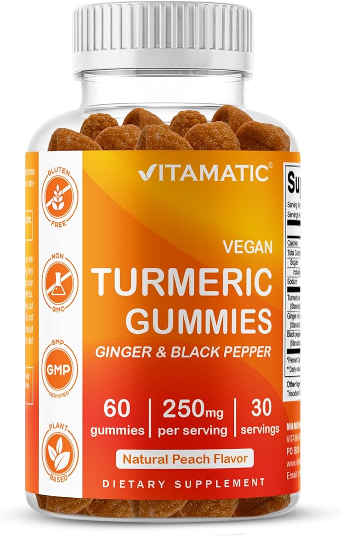 Vitamatic Turmeric Gummies with Ginger & Black Pepper Extract – 60 Vegan Gummies 95% Curcuminoids – Powerful Antioxidant & Inflammatory Support