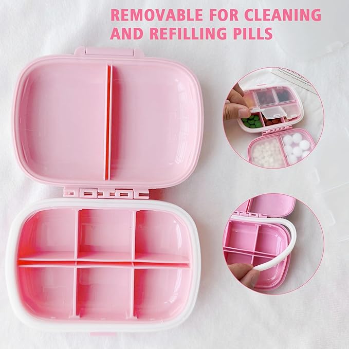 Bling Pill Case for Purse Medicine Vitamin Container Holder Pocket Pill Case Round Medicine Organizer for Travel Medicine Kit (8 Compartment Pink)