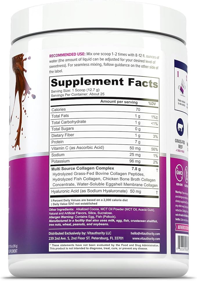 Multi Collagen Peptides Powder for Women - Hydrolyzed Chocolate Collagen Powder for Women with Types I II III V & X Vitamin C & Hyaluronic Acid for Hair Skin and Nails (Chocolate) - 25 Servings