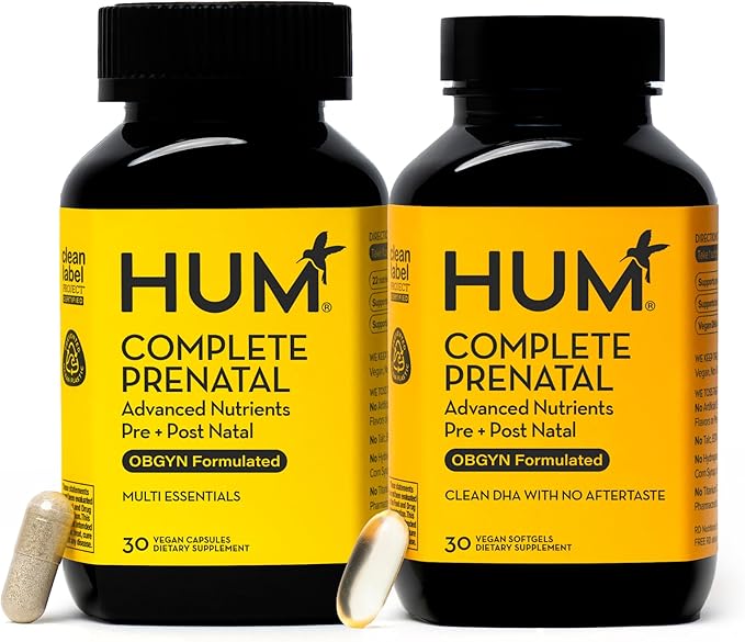 HUM Complete Prenatal Multivitamin for Women with Folate, DHA, and Choline, 23 Nutrients for Daily Support, Gluten Free, Non GMO Supplement for Pre, During, and Post Pregnancy, 30 Vegan Capsules