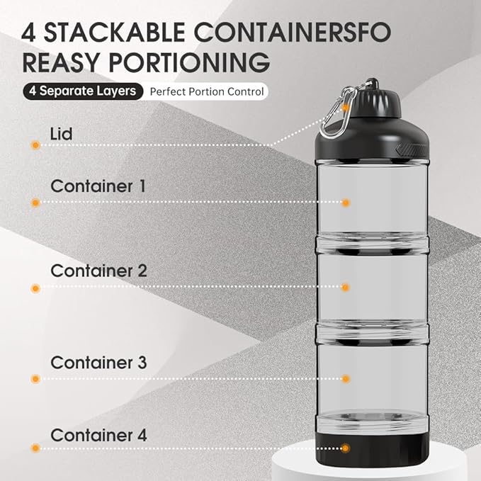 3-Layer Protein Powder Container with Funnel & Keychain, 50g Capacity Portable Supplement Dispenser, Leakproof Clear Stackable Organizer for Gym Travel Workout, BPA-Free Plastic (Black)