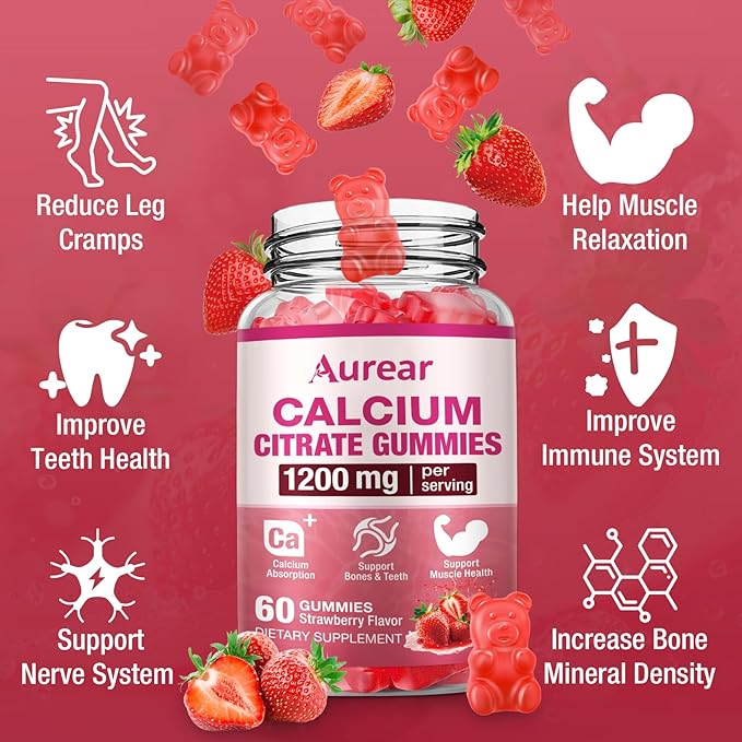 Calcium Citrate Gummies - Strawberry Flavor, 1200mg High Potency, Supports Bone, Muscle & Overall Wellness for Men, Women & Seniors, 60 Count Chewable Calcium Supplement (Pack of 1)