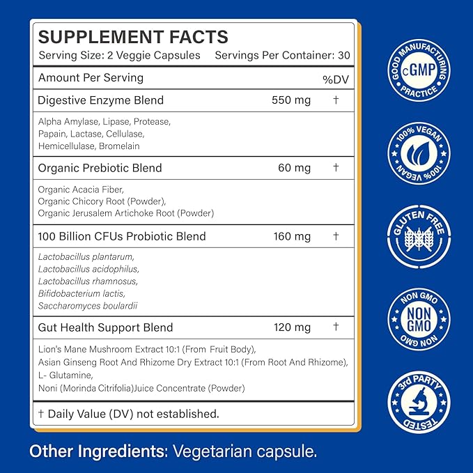 Digestive Enzymes Supplement with 100 Billion CFU Organic Probiotic & Prebiotic - Multi-Enzyme Formula for Women & Men - Supports Digestive & Gut Health, Aids Protein, Carb & Dairy Digestion, 60 Caps