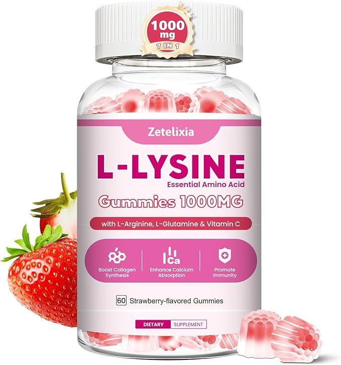 L-Lysine Gummies 1000mg, 7-in-1 Lysine Gummies for Adults & Kids, Essential Amino Acid with L-Arginine, L-Glutamine, Vitamin for Lip & Skin, Immune, Calcium Absorption, Strawberry Flavor, 60Ct