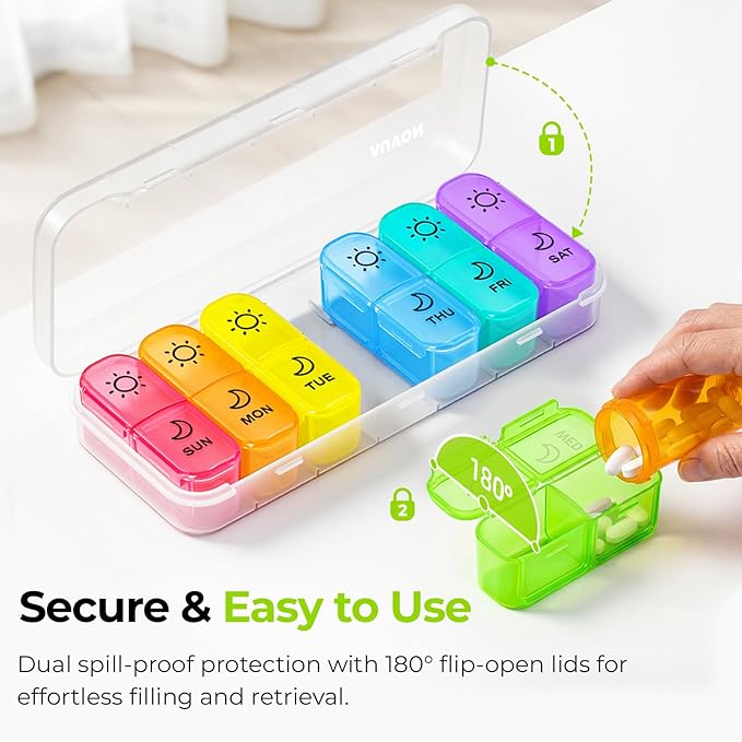AUVON Weekly Pill Organizer 2 Times a Day in 7 Colors with Face-Up Labels for Easy Organization, Portable AM PM Pill Box 7 Day with Dual Protection Keeps Medications, Vitamins, Fish Oils from Spills
