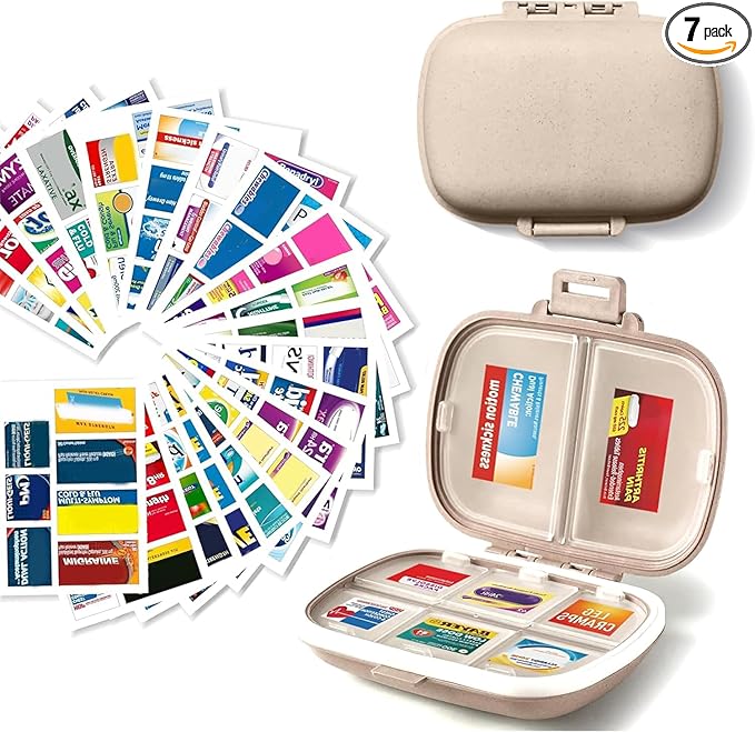 iouwei Pill Organizer with Medicine Labels Travel Daily Pill Container Mini Medication Organizer Storage Pill Organizer Travel Essentials Pill Case 7 Day Pill Organizer (Beige, 161 Lables)
