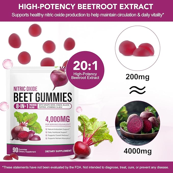 Total Beets Soft Chews,Beet Root Gummies with Vitamins C & B12,L-Arginine & L-Citrulline,Grapeseed Extract,Antioxidants, Blood Flow, Healthy Energy Supplement with Elite Ingredients,180 Capsules