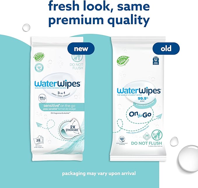 WaterWipes Sensitive+ On The Go Wipes,3-In-1 Cleans,Cares,Protects,99.9% Water,Unscented & Hypoallergenic Wet Wipes,28 Count (Pack of 2)