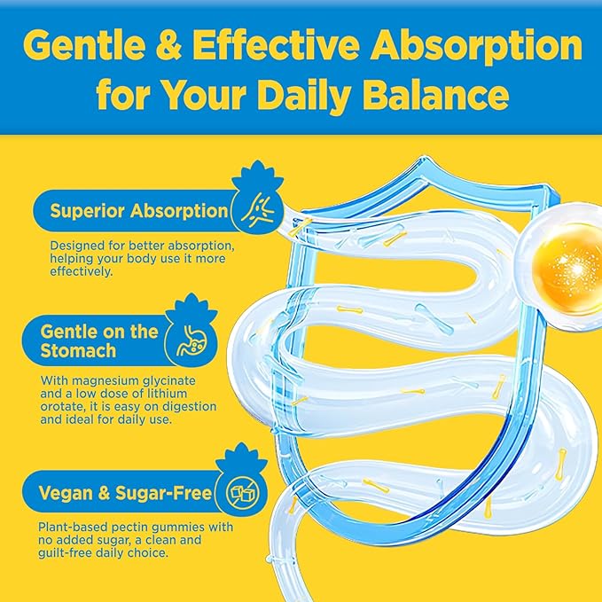 Lithium Orotate Gummies 5mg, Low Dose Lithium Supplements with Magnesium & NAC for Mood & Stress Relief, Gentle & Highly Absorbable, Sugar Free, Vegan, Pectin, Pineapple, 60 Chews