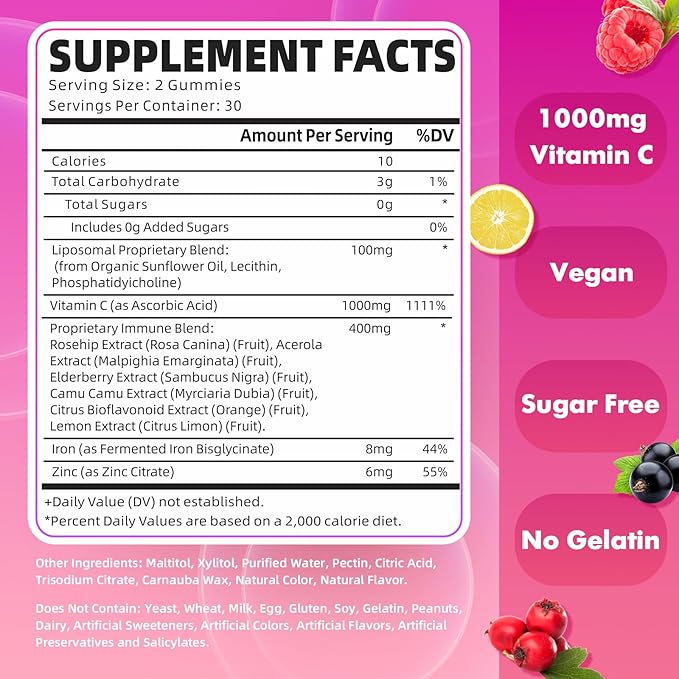 Liposomal Vitamin C 1000mg Gummies for Adults Kids, 1500mg Chewable Vitamin C w/Iron, Zinc & Elderberry - Immune Support & Energy, Collagen Booster, Raspberry, 60 Count