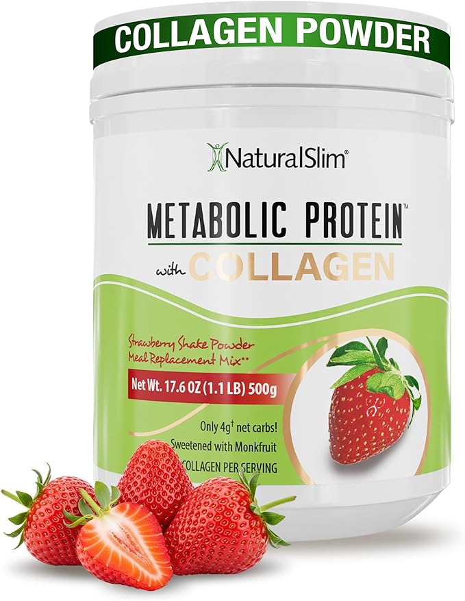 NaturalSlim Metabolic Protein Powder with Collagen, whey protein powder shake, Hydrolyzed Collagen with L-Glutamine for Metabolic Support, Digestion, Skin, Joints & Muscle, Low Carb 17.06oz Strawberry