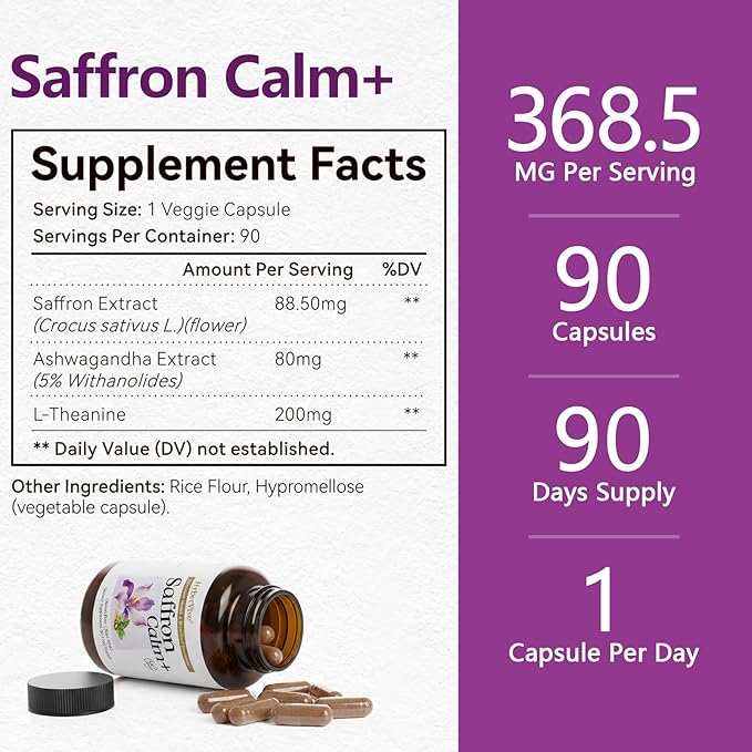Saffron Supplements with Ashwagandha & L-Theanine - 368.5MG - Mood Balance, Stress Relief & Mental Clarity – Cortisol Support for Women & Men, Made in USA, 90 Vegan Capsules
