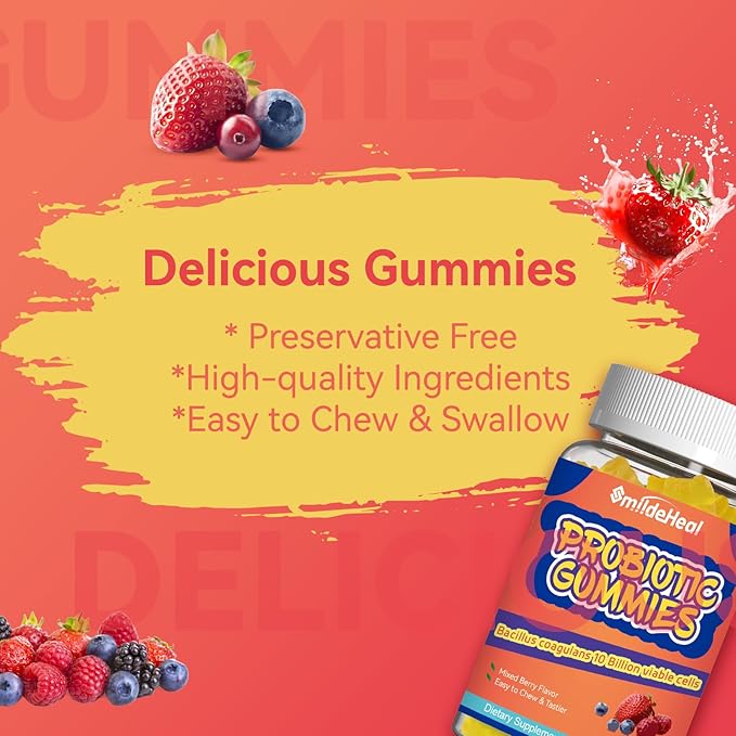 Probiotic Gummies for Digestive Health - 10 Billion CFU Bacillus Coagulans - Vegan & Non-GMO - Immune & Digestive Support for Men & Women - Strawberry & Mixed Berry Flavor, 60 Count