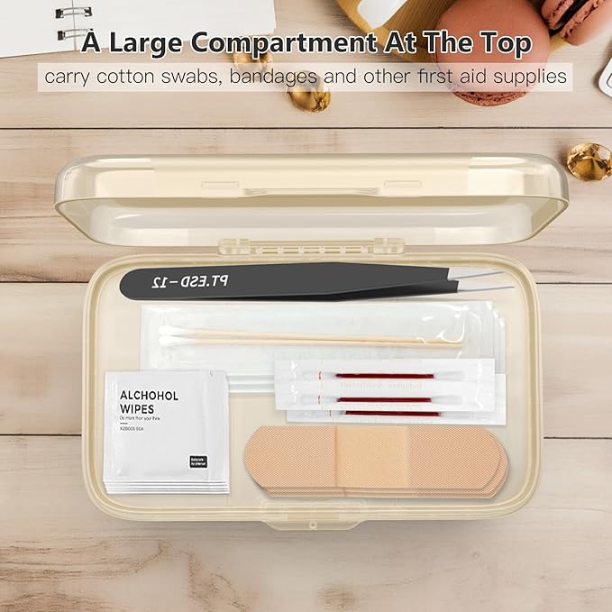 FYY Weekly Pill Organizer with Labels,8 Compartments Travel Daily Pill Case Airtight Moistureproof Large Pill Box to Hold Vitamins, Fish Oil, Supplements,Cotton Swab and Bandages-Beige