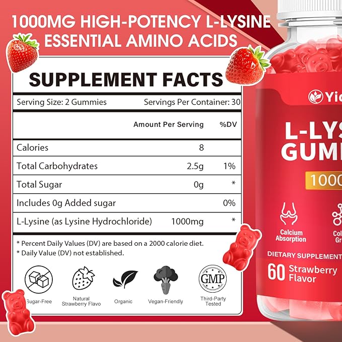 L-Lysine 1000mg Gummies for Immune Support & Skin Health -Chewable Lysine Supplement for Adults, Sugar-Free, Natural Strawberry Flavor, Gluten-Free (60 Count（Pack of 2）)