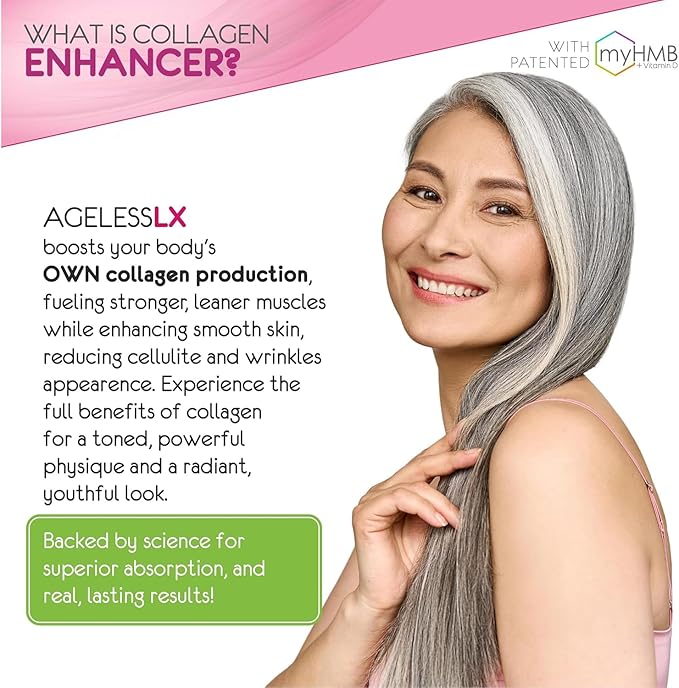 AgelessLX Powder Supplement for Women - with HMB Collagen Enhancer Plus Vitamin D3 with K2, Horsetail and Biotin for Lean Muscle and Stronger Hair and Nails - 30 Powder Packets, Wild Berry