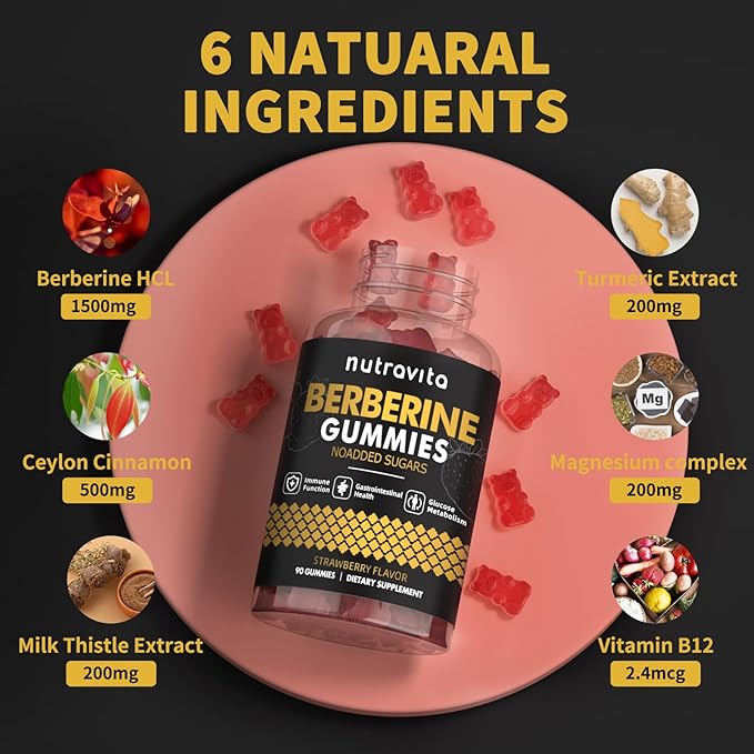 Nutravita Berberine Gummies with Ceylon Cinnamon 1500mg High Potency Berberine HCL Supplement for Immune and Metabolism Support, Sugar Free Organic Berberine Gummies Strawberry Flavor-1PACK