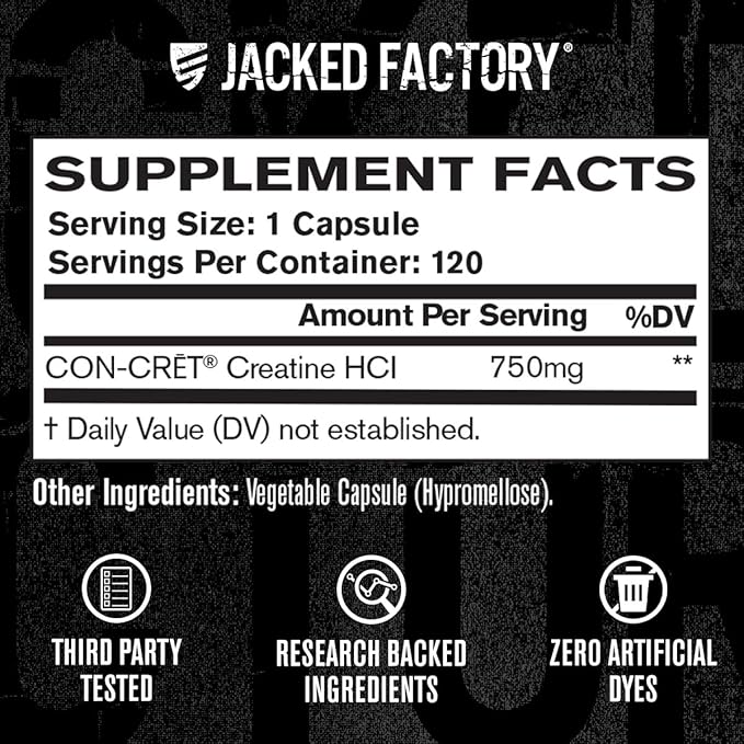 Jacked Factory Creatine HCl Capsules - CON CRET Creatine Pills 750mg - Lean Muscle Growth & Recovery, Boost Strength & Endurance, No Bloating or Cramps - 120 Capsules
