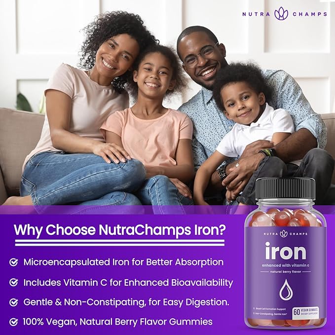 NutraChamps Iron Gummies with Vitamin C, 20mg Iron Blood Cell Formation Support, 120 Gummies for Iron Deficiency & Anemia, Energy, Focus, Immune Boost Pack of 2