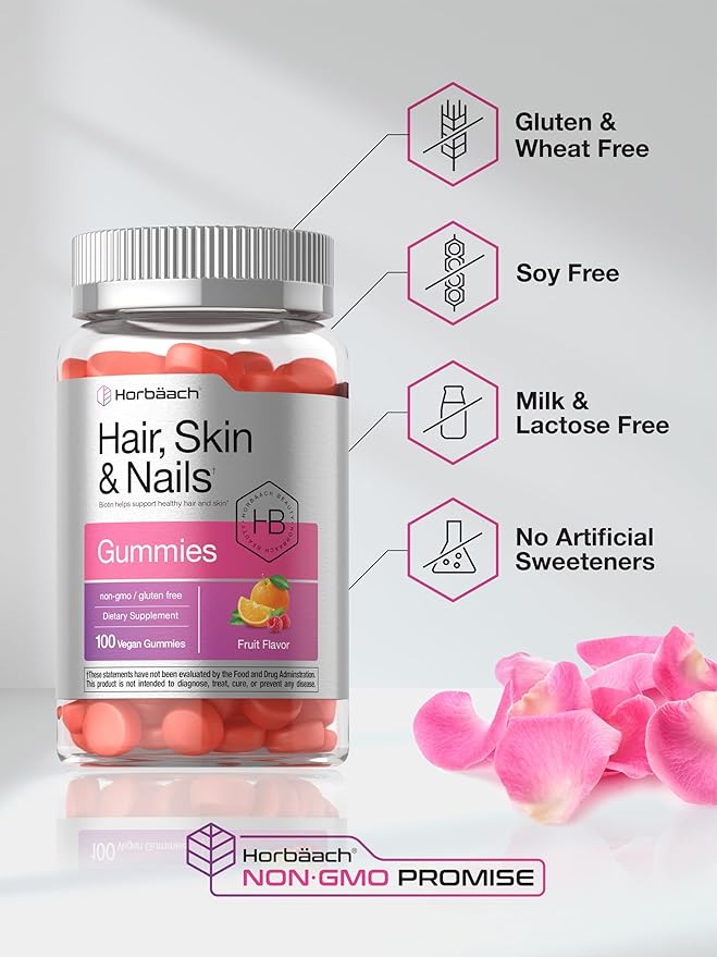 Horbäach Hair Skin and Nails Gummies | 100 Count | Supplement with Biotin for Men and Women | Fruit Flavored Vitamins | Vegan, Non-GMO, and Gluten Free