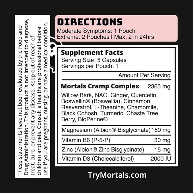Mortals Cramp Crusher, Supports Bloating Relief for Women, Chasteberry, Magnesium Bisglycinate, Vitamin B6, Black Cohosh, Women's Hormone Balance Supplement, PMS Relief, (50 Capsules)