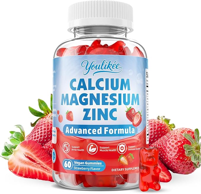 Calcium Magnesium Zinc Gummies for Adult, Calcium Citrate with Vitamin D3, High Absorption Calcium Magnesium Supplement for Women & Men, Sugar-Free, Strawberry Flavor, 60 Count