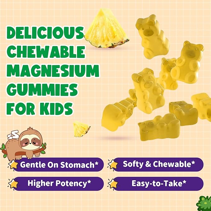 Kids Magnesium Gummies - Magnesium Glycinate Gummies with Vitamin D3, B6, Potassium & Ashwagandha for Kids & Adults Relaxation, Sleep, Brain & Bone Health -Sugar Free Pineapple Flavor 60 ct
