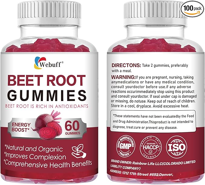 Beet Root Gummies — Nitric Oxide Booster with Organic Beet, Pomegranate & Grape Seed, Vitamin B12 — Energy, Circulation & Heart Health Support, Vegan, Non-GMO, 60 Count (Pack of 2)