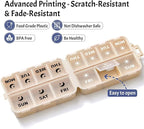 Foldable & Portable Weekly Pill Organizer 2 Times a Day with Clear Printed Labels - 7 Day AM PM Medicine Box, Week Daily Travel Pill Meds Case Holder for Medications, Vitamin, Supplement - Khaki