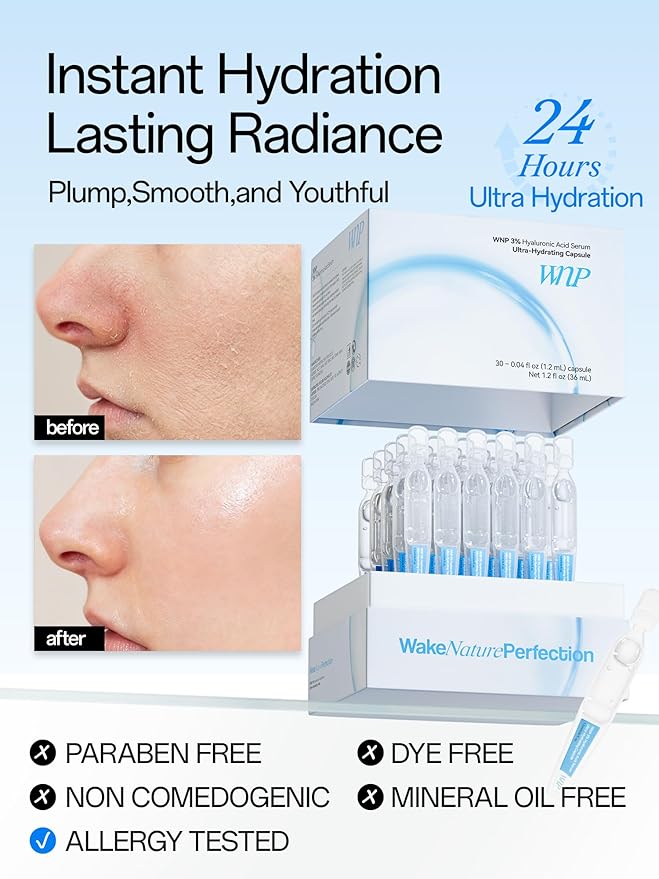 WNP Hyaluronic Acid Serum 3% for Face with 4D Multi-Layer Hydration | Ultra Hydrating Anti-Aging Serum | Moisturizer for Dry & Sensitive Skin | Pre-Makeup Skincare | Single-Use Vials 30PCS