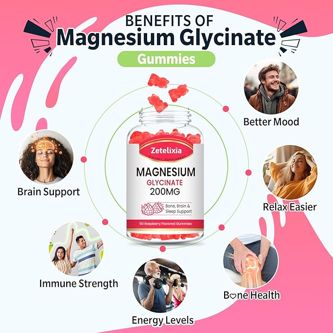 Magnesium Glycinate Gummies, High Absorption Magnesium Glycinate Supplements for Relaxation, Magnesium Chews for Adults and Kids, Raspberry Flavor 120 Count