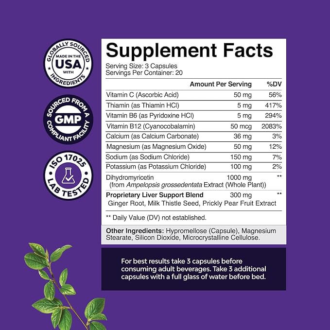 Nighttime Liver Detox & Hydration Pills - Pre and Post Drinking Recovery Liver Support Supplement for Better Mornings with DHM Dihydromyricetin Milk Thistle Extract and Electrolytes - 60 Count