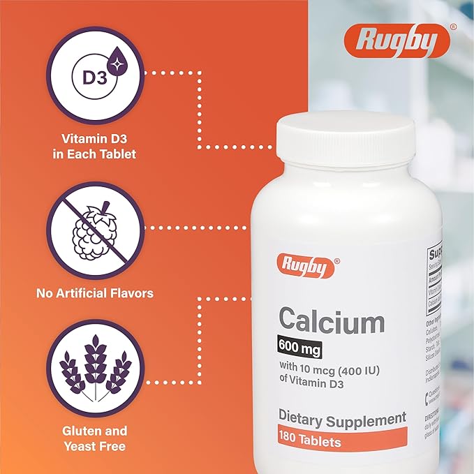 Rugby 600mg Calcium Tablets - Made with 10mcg (400IU) of Vitamin D3 - Dietary Supplement - 180 Count (1 Pack)