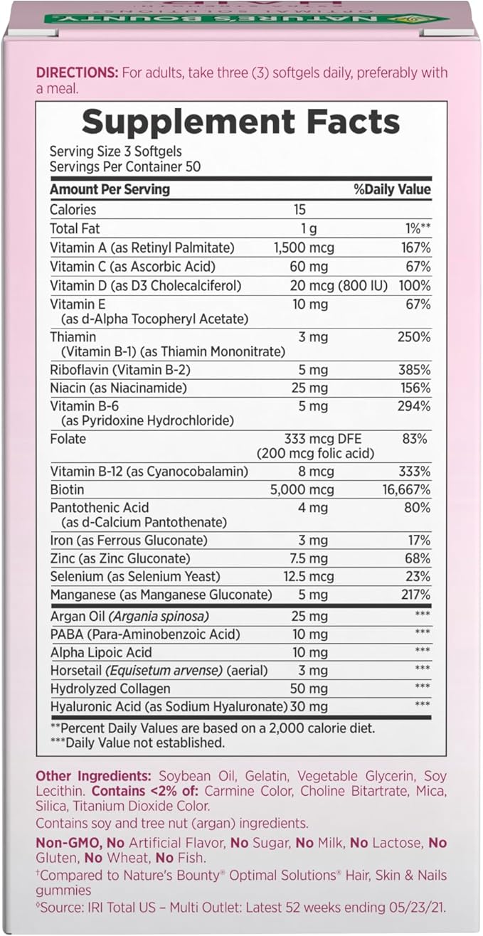Nature's Bounty Advanced Hair, Skin & Nails, Argan-Infused Vitamin Supplement with Biotin and Hyaluronic Acid, 150 Rapid Release Softgels, 50 Total Servings