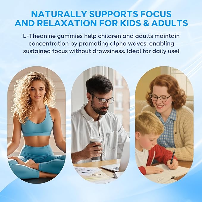 L-Theanine Gummies with L-Theanine 400 mg, Ashwagandha, GABA, 5-HTP, Magnesium Glycinate for Calm, ZZZ & Relaxation Support - Vegan, Raspberry Flavor, 60 Count