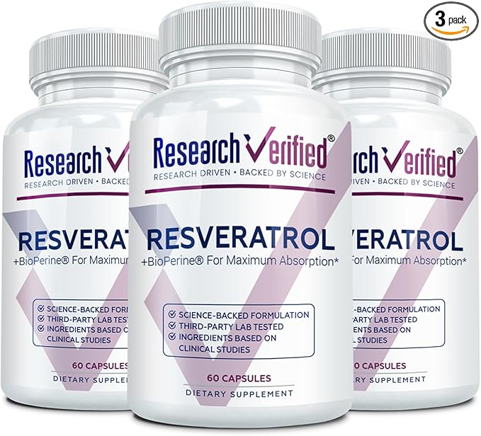 Research Verified Resveratrol - 98% Trans-Resveratrol 1000 mg, Anti-Aging Support - 60 Capsules per Bottle - 3 Bottles
