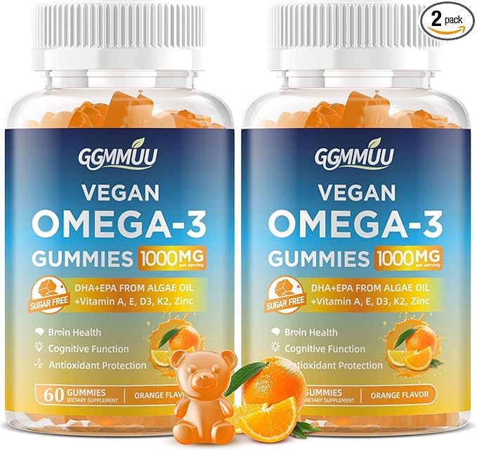 2 Pack Vegan Omega 3 Gummies 1000MG Algal Oil Omega 3 Supplement for Adults with Algae DHA 600mg & EPA 300mg Fish Oil Alternative - for Eye & Immune Health, Orange Flavor, 120 Count