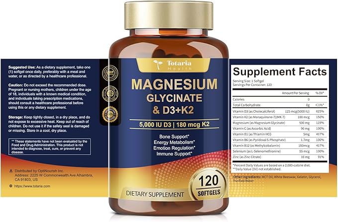 9-in-1 Magnesium Glycinate 500mg + Vitamin D3 5000 IU & K2 Complex - High Absorption - Healthy Stress, Sleep, Muscle Function, Bone Health & Energy Supports | Non-GMO, Gluten-Free 2 Pack