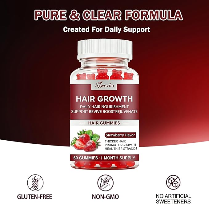 Hair Growth Gummies for Women & Men, Biotin & Silica Hair Vitamins, Daily Hair Nourishment Support for Thicker Looking Hair, Hair Skin and Nails Gummies, Non-GMO, Strawberry Flavor, 60 Gummies