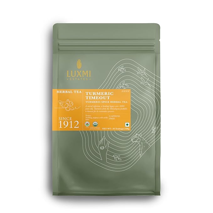 Luxmi Estates Turmeric Time-Out Herbal Tea 50 Bags (100g) Pack | Certified USDA Organic Herbal Tea | With Turmeric, Ginger, Cardamom, Black Pepper