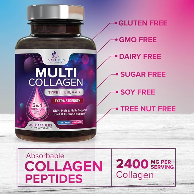Multi Collagen Pills 2400 mg Per Serving - Advanced Types I, II, III, V, X - Hydrolyzed Multi Collagen Peptides Pills Supplement for Women & Men - Hair, Skin, & Nail Support Supplements - 240 Capsules